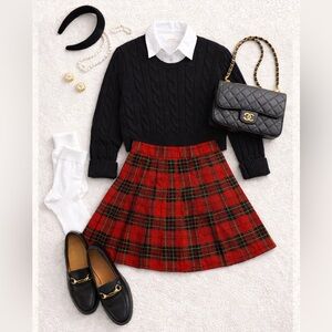 Red/Black Plaid High Waisted Pleated Mini Skater Preppy Academia Skirt Medium